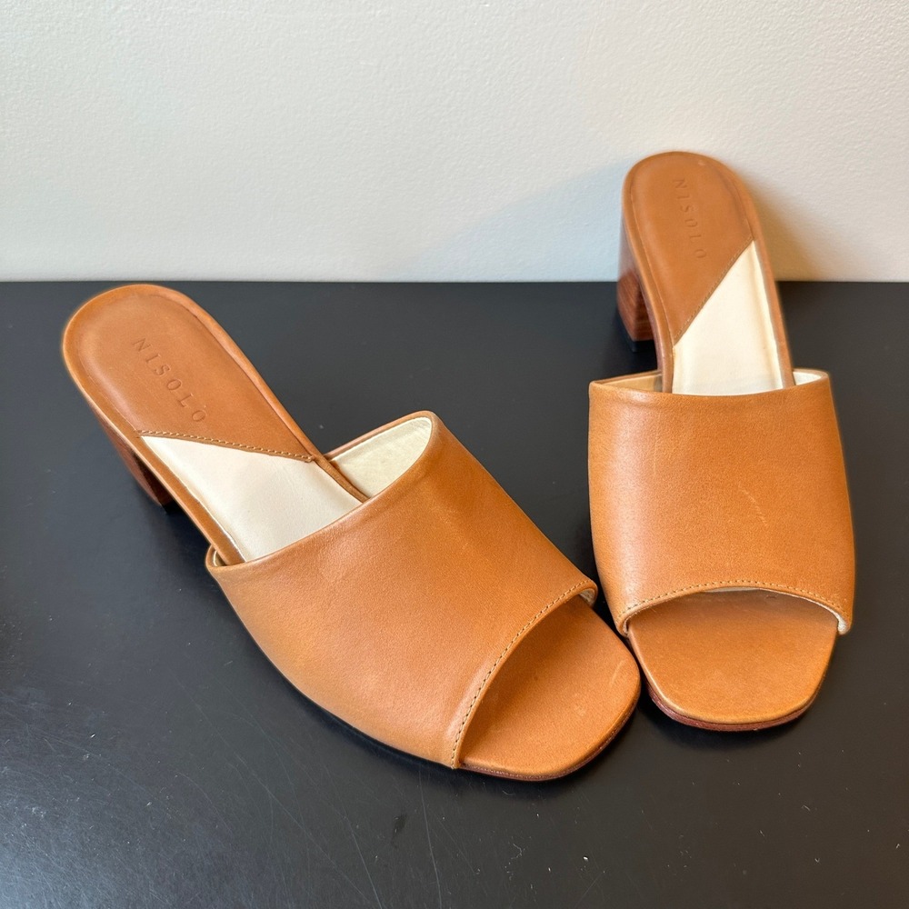 Nisolo Women Tan Leather Block Heel Elizabeth Sandals Open Toe Mules Size 5 - Picture 3 of 6